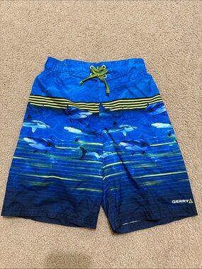 Gerry Weber boys Blue Shark-Print Swim Shorts with Yellow Accents sz M